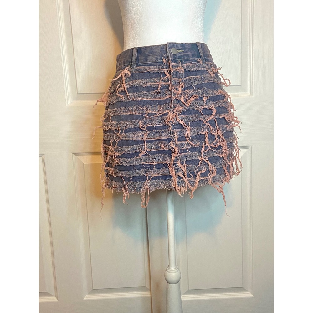 Distressed Pink Frayed Denim Mini Skirt Grunge Streetwear